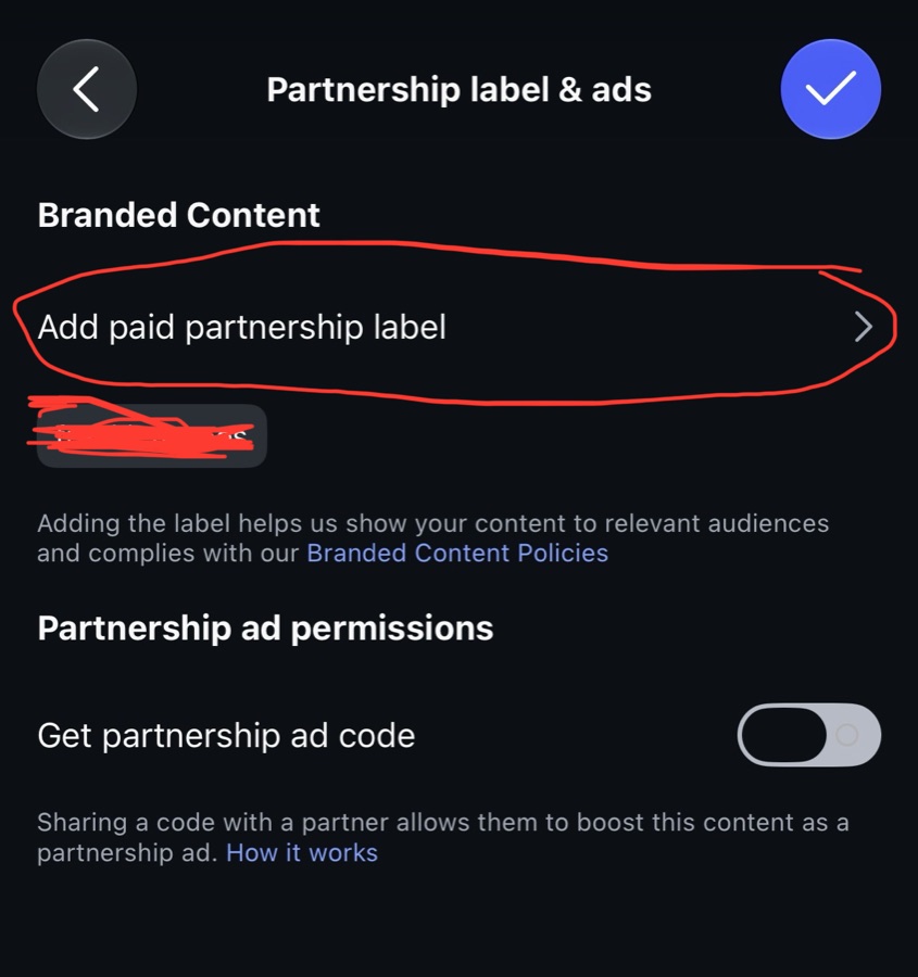 Partnership label and ads screen with Add paid partnership label circled