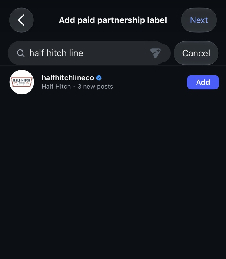 Search results showing the halfhitchlineco account with an Add button